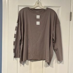 PLANET by Lauren G Women One Size Beige Long Sl, Crew Neck, 100% Cotton Tee